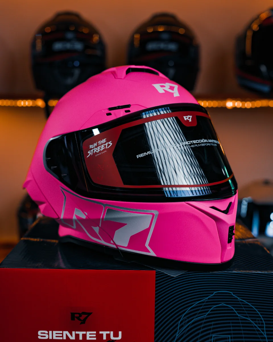 CASCO ABATIBLE R7 RACING NOVA DOBLE MICA DOT S ROSA MATE MICA AZUL