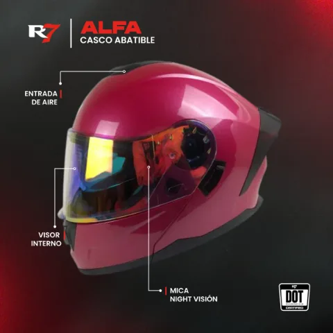 CASCO ABATIBLE R7 RACING ALFA CON LED DOBLE MICA DOT S ROSA GLITTER